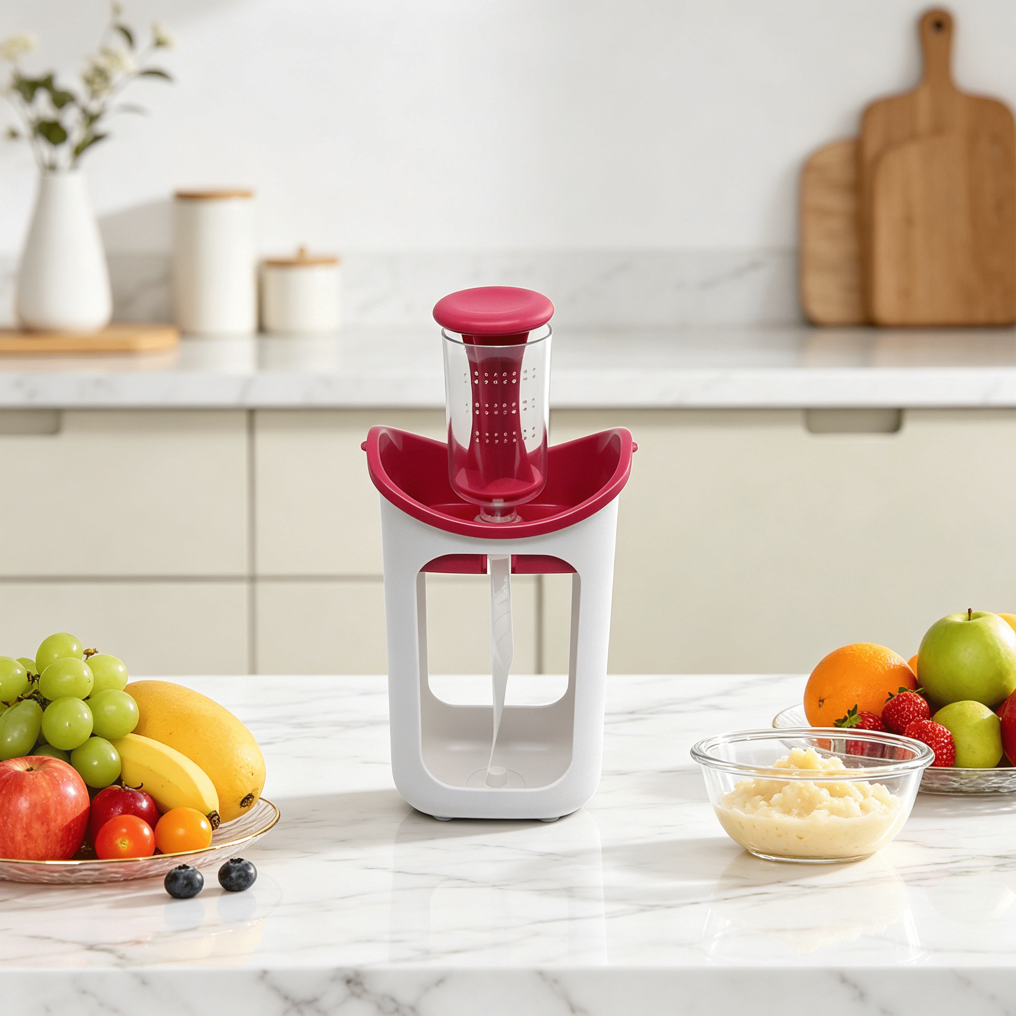 ACDANC 2026 New Baby Food Maker with 10 Reusable Pouches-Manual Fruit&Vegetable Puree Squeezer-Non-Slip Base,Portable Design for Homemade Baby Food-Red Blue(9.06X5.12X3.74In)
