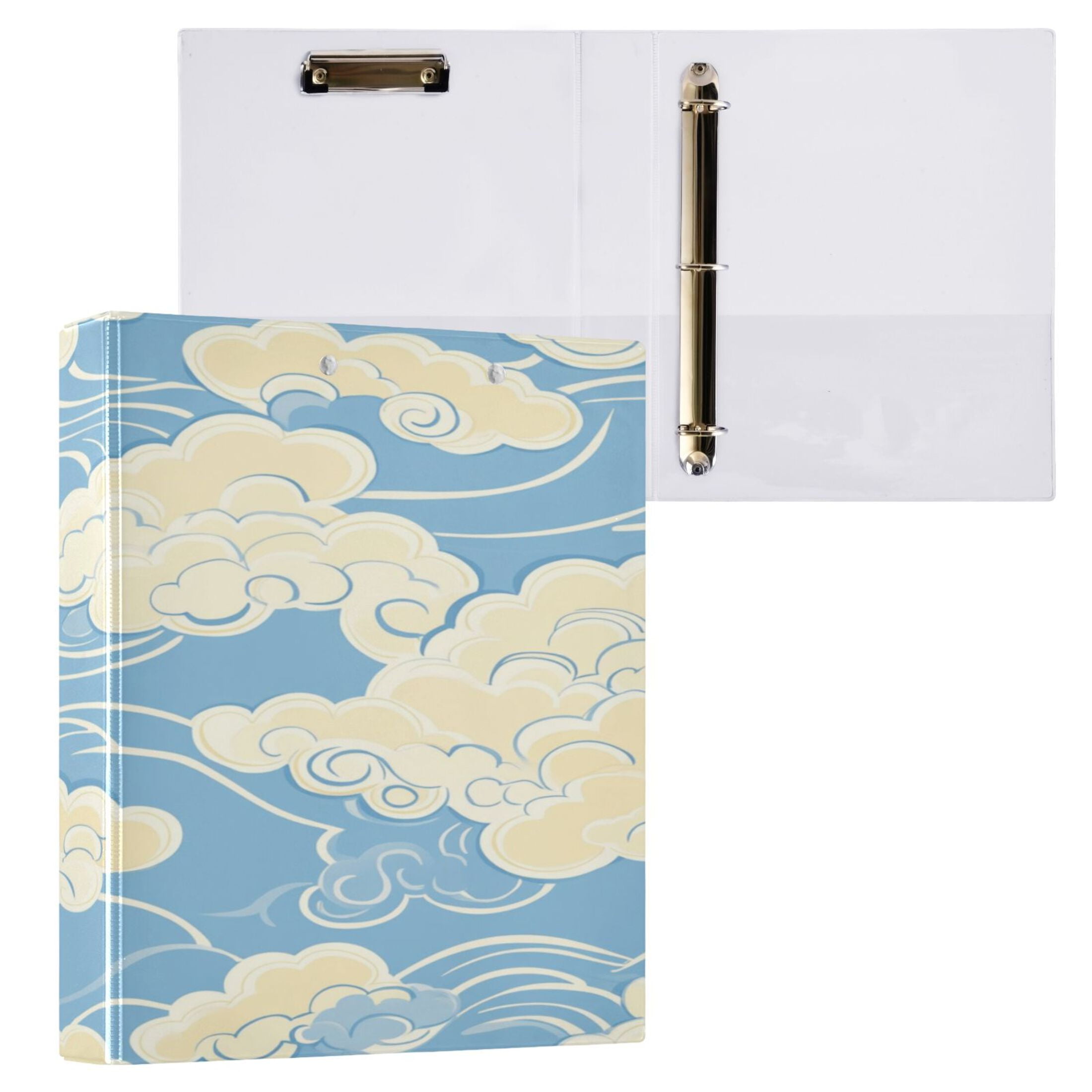 WOBOGO White Cloud Pattern on Blue Background File Folders Extra Large Capacity to Hold 200 Sheets of Documents Hard Shell Ring Binder for School Home Office