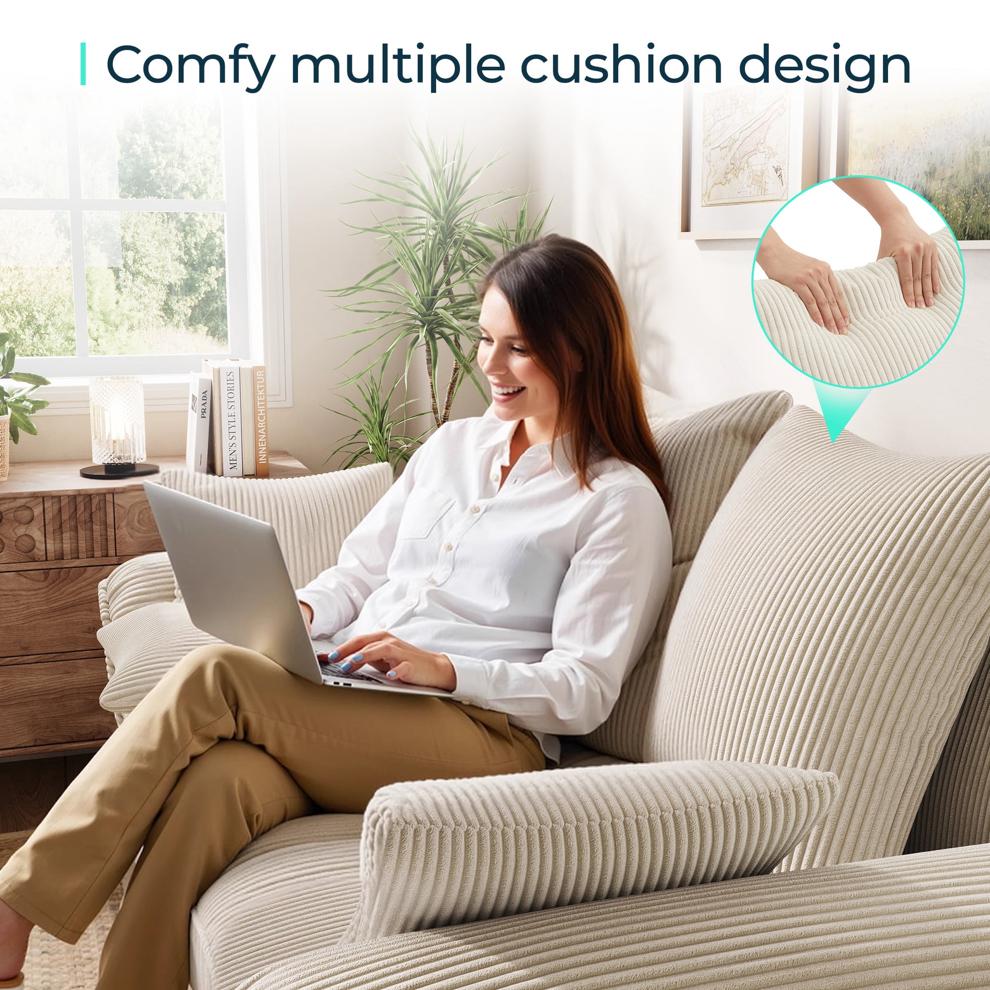 LINSY HOME Modular Sectional Sofa, Pull Out Couch Chaise Lounge, Convertible Loveseat Sofa Couch with Usb & Two Pillows, Beige
