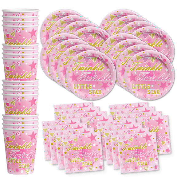 Twinkle Twinkle Little Star Pink Birthday Party Supplies Set Plates Napkins Cups Tableware Kit for 16