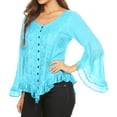 thumbnail image 4 of Sakkas Aura Womens Casual Ruffle Flare Crop Top Blouse Long Sleeves w/Embroidery - Turquoise - 1X/2X, 4 of 5