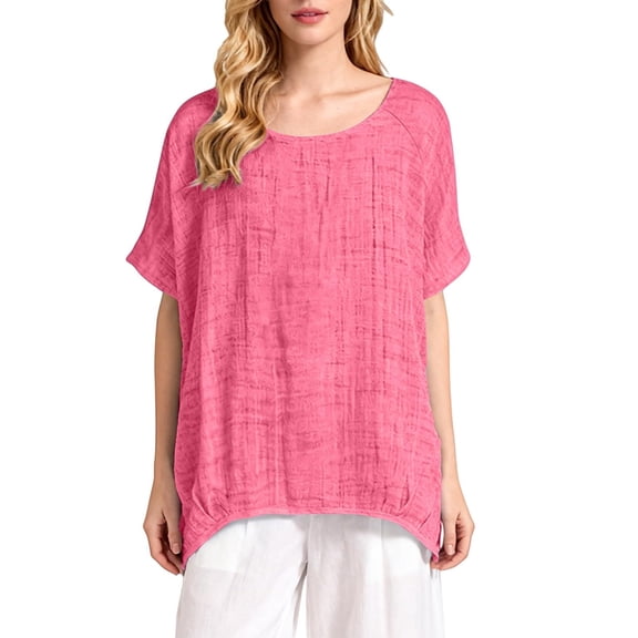 Xdegoge Short Sleeve Tunic Tops for Women Cotton Linen Crewneck Blouses Casual Oversized Flowy Shirts High Low Hem Lightweight Breathable Summer Beach Vacation Tops