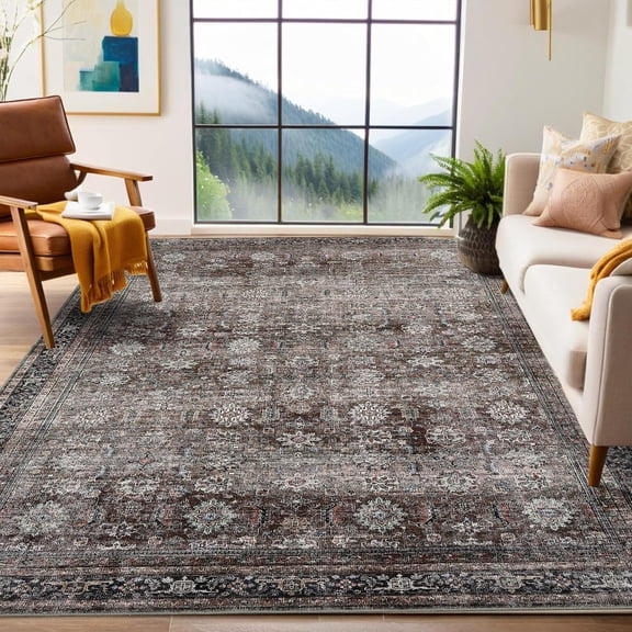 Area Rugs 4x6 Vintage Printed Floor Carpet with Non-Slip Backing, Stain-Resistant Oriental Throw Rugs, Washable Farmhouse Low Pile Rugs for Living Room, Bedroom, Office, Brown