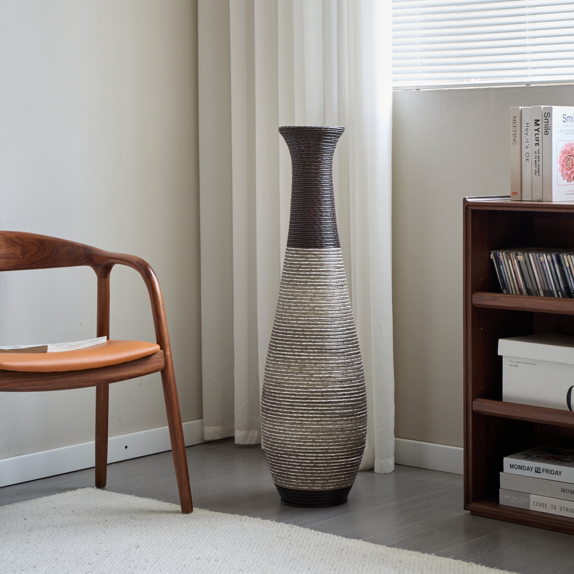 Noble House 40.2" Tall Hand-Woven PVC Rattan-Look Floor Vase, Textured Decorative Vase, Black+Gray