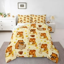Homewish Cute Capybara Full Size Comforter Sets,Cartoon Animal Bedding Comforter Set,Yellow Stars Print Bedding Sets For Girls Boys,Luxury Bedroom Decor Reversible,3 Pieces