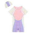 thumbnail image 3 of renvena Girls Short Sleeve Rash Guard Swimsuit Bathing Suit UV Sun Protection Swimwear with Swim Hat Pink L, 3 of 7