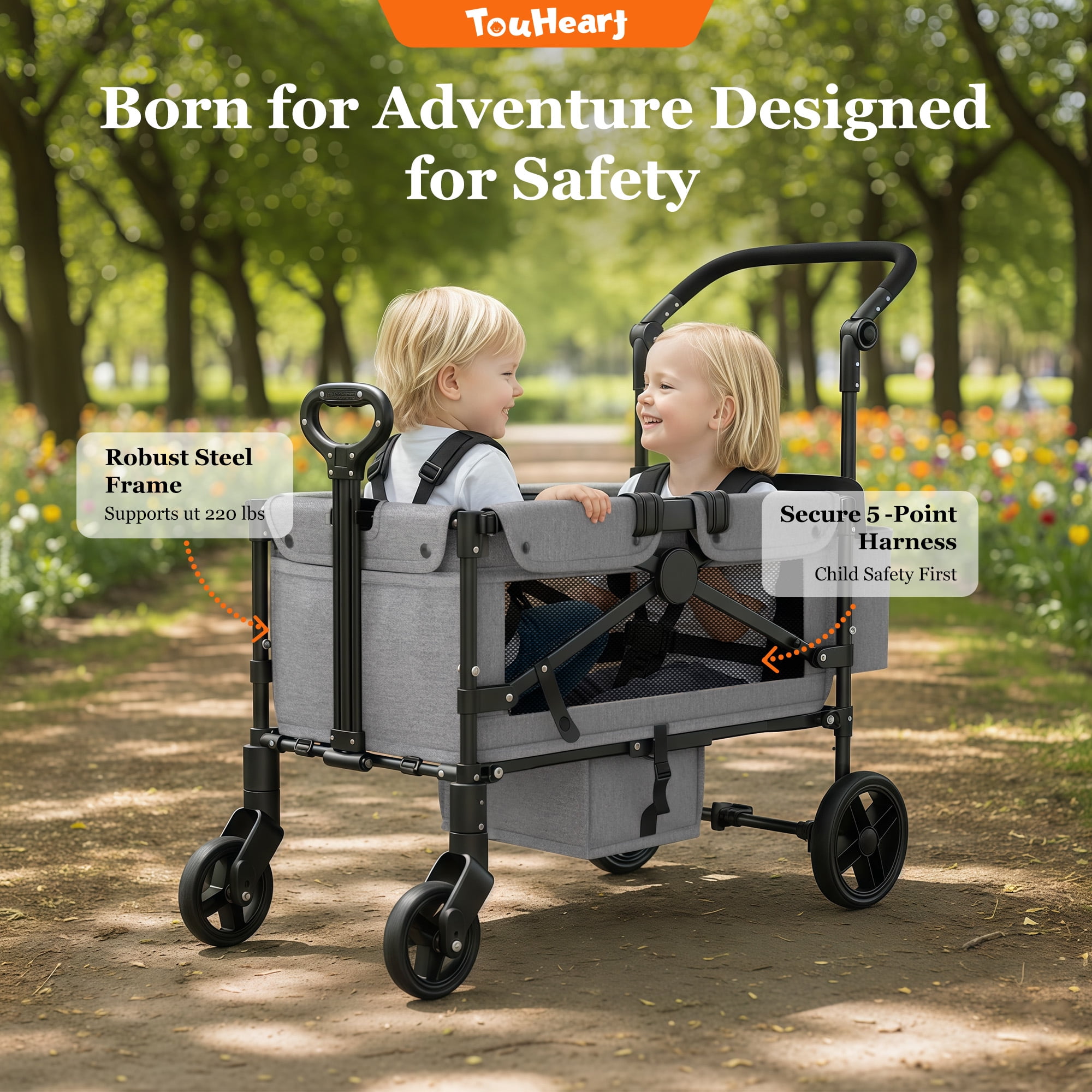 TouHeart Wagon Stroller for kids, 2 Seater Folding Stroller Wagon with Canopy, 5-Point Harness, Gray