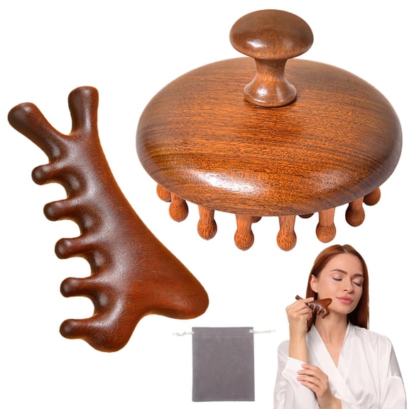 2 PCS Wooden Massage Comb Set, with Velvet Bag, 4-in-1 Multi-Functional Scraping Tool and 28-Tooth Round Scalp Massager, Natural Sandalwood Tools for Scalp, Face, Neck, Shoulder