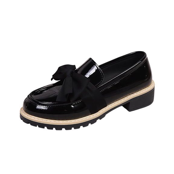 Busydd Loafers for Women Trendy Bow Block Heel Slip on Shoes Women Comfortable Casual Round Toe Solid Color Leather Women'S Shoes 5.5