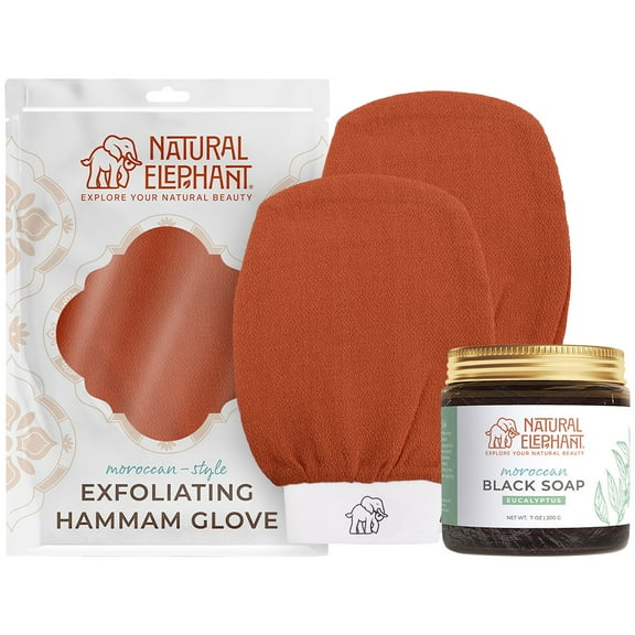Natural Elephant Moroccan Black Soap 200g (7oz) and 2 Pack of Exfoliating Hammam Glove (Orange) Combo