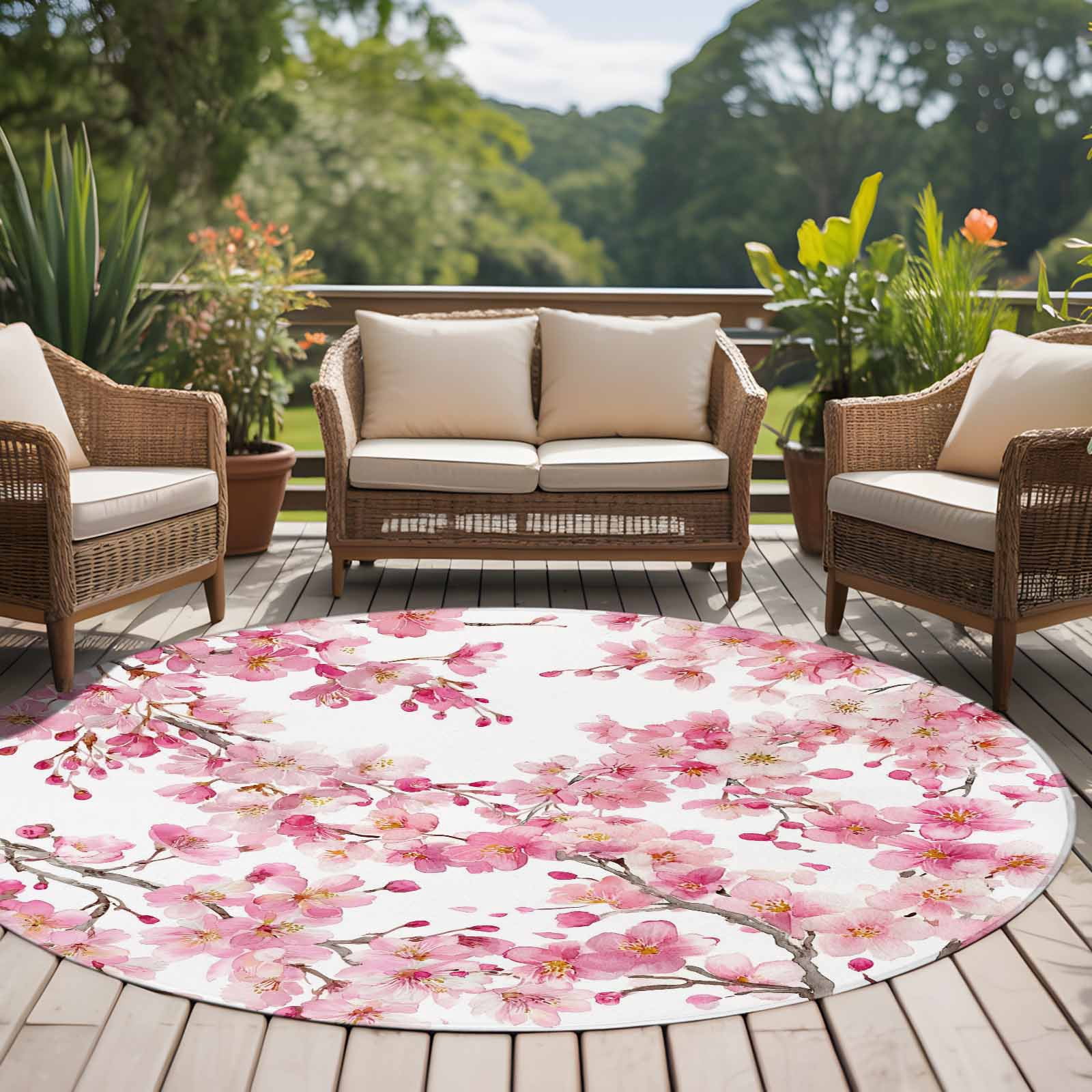 Spring Peach Flowers Round Area Rug 7Ft Washable Circle Rugs for Dorm Laundry Room, Pink Botanical Floral Leaves Branch Non-Slip Carpet Floor Mats Indoor Outdoor Carpet Runner Aesthetic Home Decor