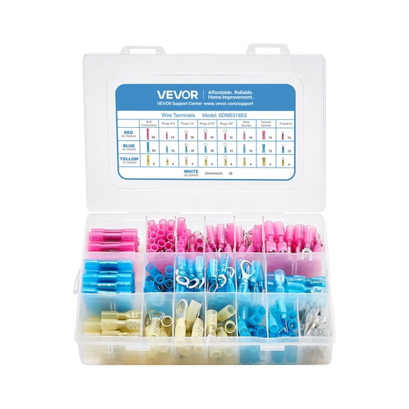 VEVOR Heat Shrink Wire Connectors, 320PCS, Electrical Waterproof Crimp Connectors Terminals Kit,Insulated Butt Ring Fork Spade Splices, 26–22 22–16 16–14 12–10 Gauge,for Industrial Marine Automotive