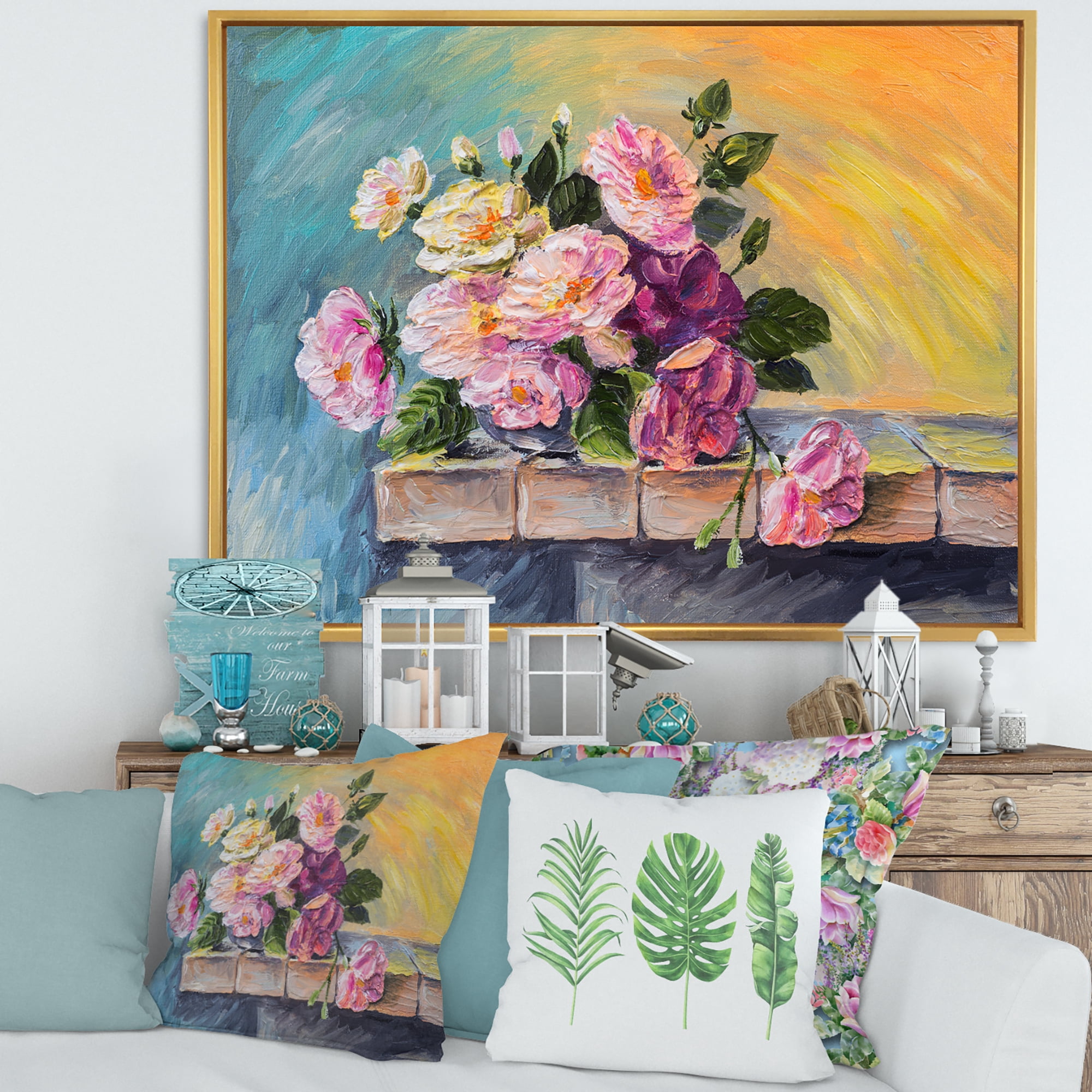Still Life With Bouquet Of Pink Flowers 20 in x 12 in Framed Painting Canvas Art Print, by Designart