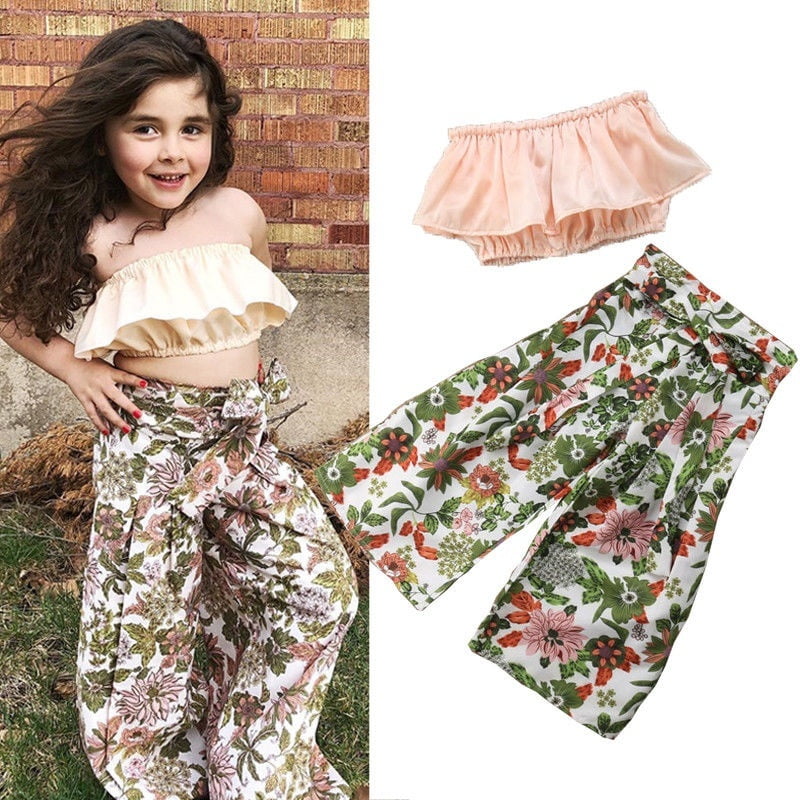 Toddler Kids Baby Girls Vest Crop Tops + Floral Wide Leg Pants 2Pcs