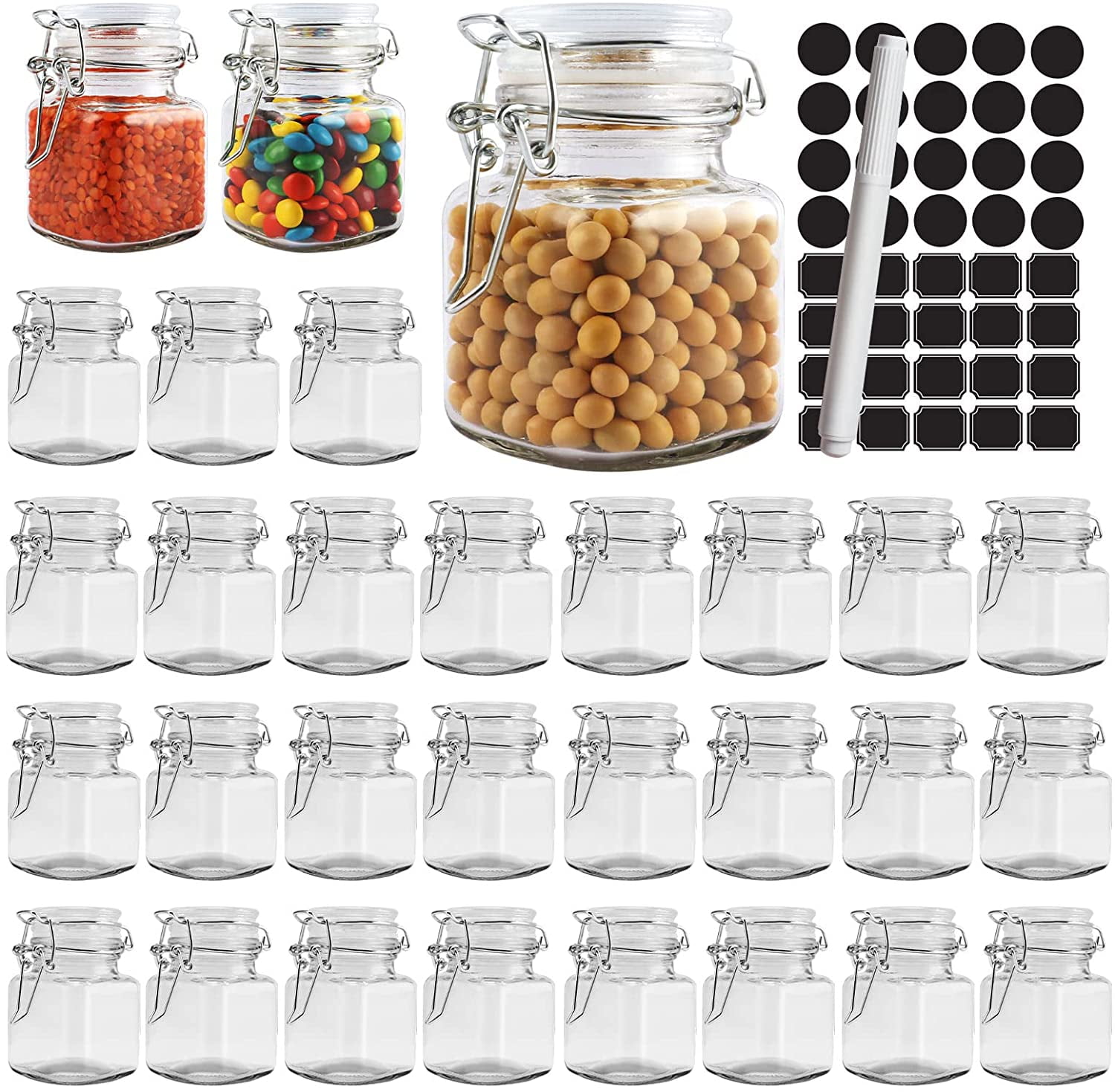 Set of 20 Small Clear Storage Container Bottles 3.5oz Airtight Glass Jars 