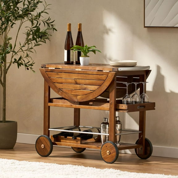 WARMMUSE Bar Cart with Drop Leaf, Modern Industrial Serving Carts Wine Rack Carts on Wheels with Removable Trays, Storage, 35.5" W x 29.5" H, Brown