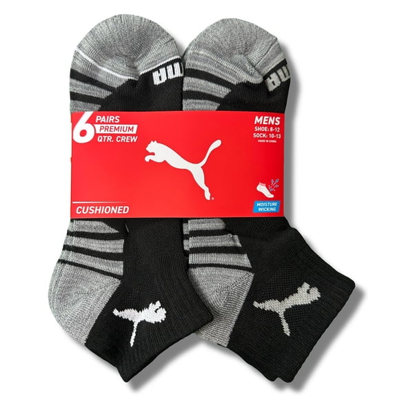 PUMA SOCKS MEN'S - QUARTER CUT - ZANO 253 - BLACK - LARGE (10-13) PACK 6 XX