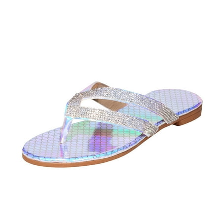 

Fanxing Women s Slide Flat Sandals - Rhinestone Sandals -Comfortable Slip On Plait Toe Thong Strappy Spring Summer Jeweled Sandals Shoes