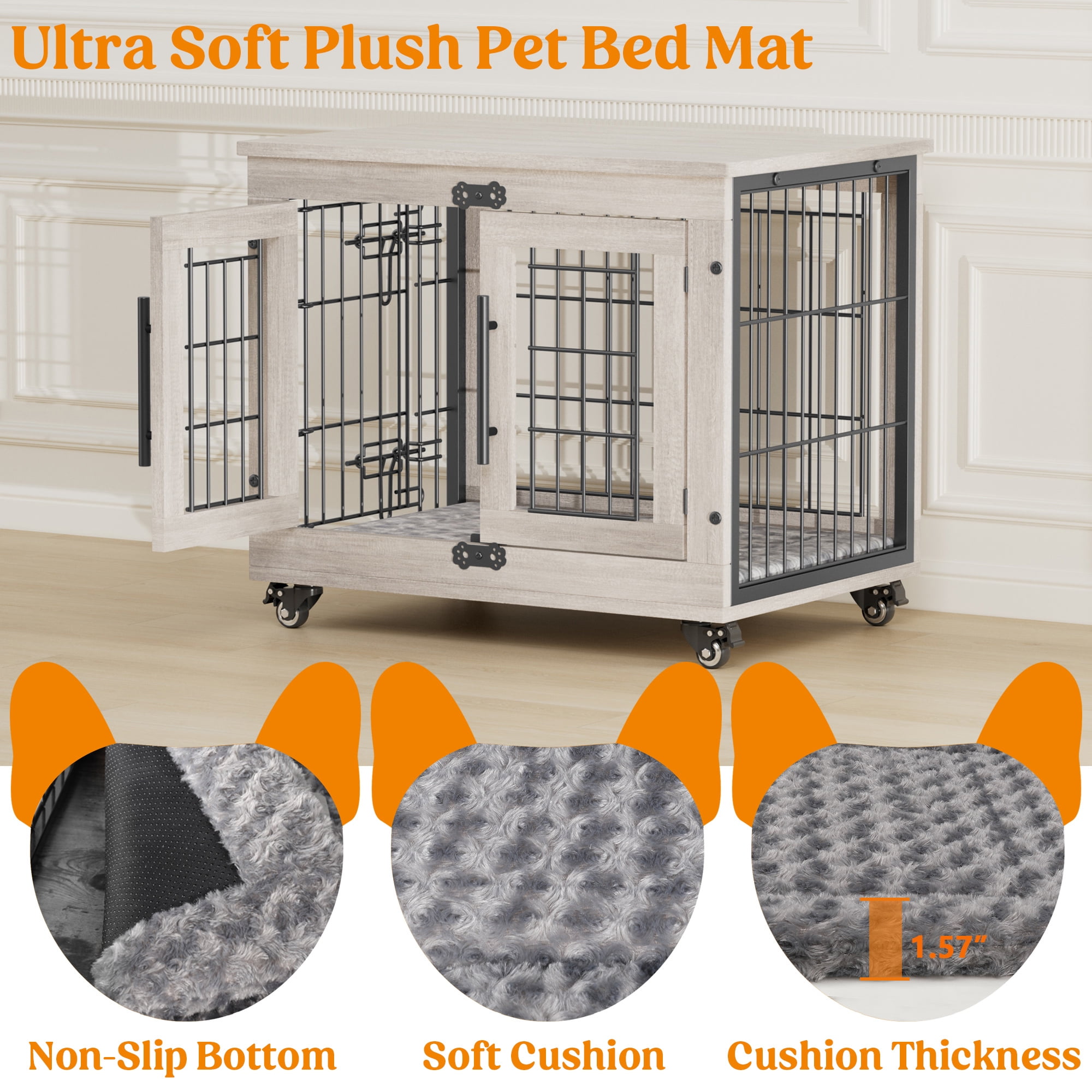 LainTene Wooden Dog Crate Furniture, Double Doors Dog Kennels for Inside with Pads and Wheels, Heavy Duty Dog Cage for Small Dogs, Gray