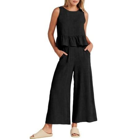 MITCOWBOY Fall Outfits  Women s Summer 2 Piece Outfits Sleeveless Ruffle Tank Crop Top & Wide Leg Pants Set with Pockets  Workout Outfit Sets for Women  Women s Pajama Sets  Black L
