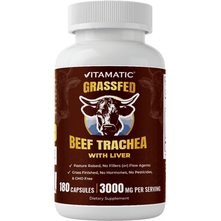 Vitamatic Grass-Fed Beef Trachea with Liver Supplement Freeze-Dried Non-GMO Pasture-Raised 180 Capsules