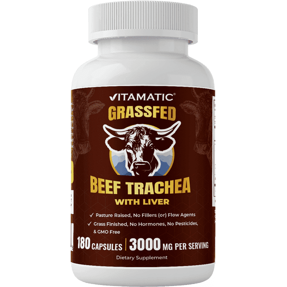 Vitamatic Grass-Fed Beef Trachea with Liver Supplement Freeze-Dried Non-GMO Pasture-Raised 180 Capsules