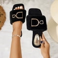thumbnail image 2 of Women's Faux Fleece Memory Foam House Slippers with Metal Decoration, Square Open Toe Slides, Plush Flat Indoor Outdoor Footwear Black-A, 2 of 9