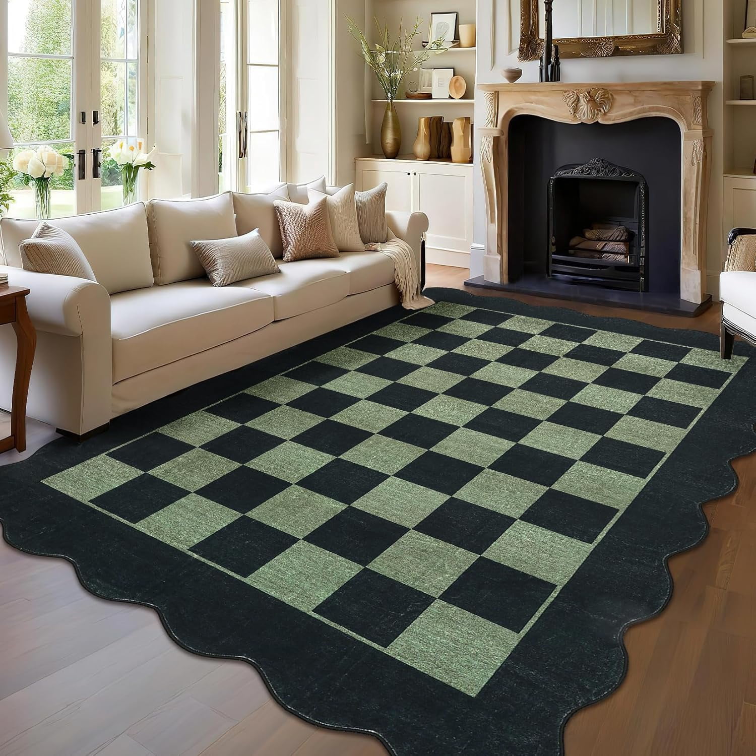 IdealHouse 8'x10' Washable Kitchen Rug, Non-Slip Low Pile Scalloped Checkerboard Farmhouse Entryway Mat, Soft Neutral Area Rug, Green
