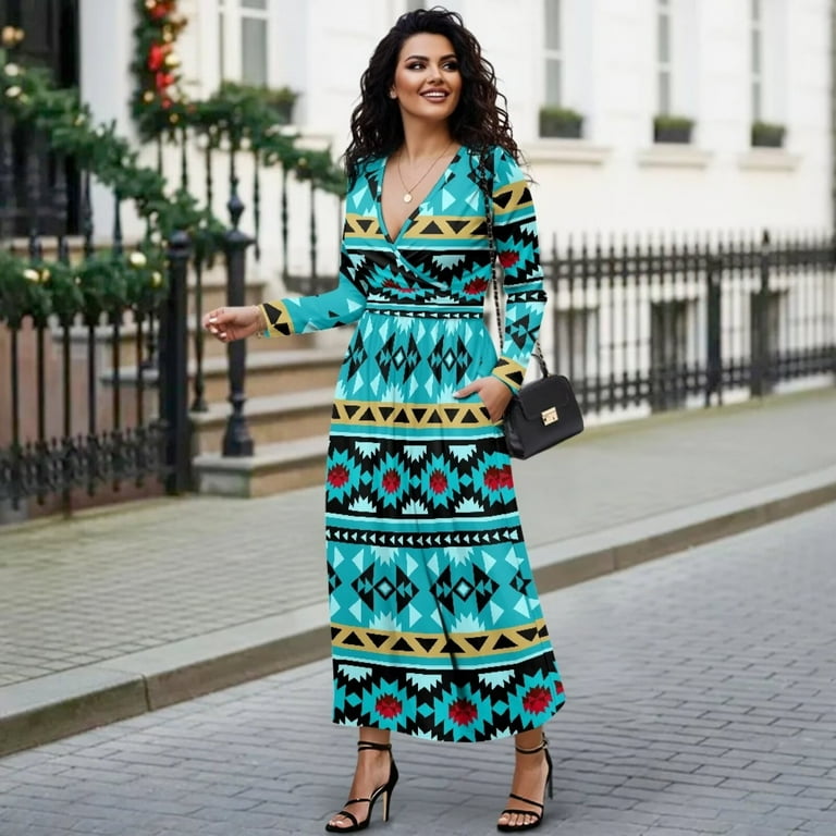 long sleeve tribal print dress Fkelyi American Tribal Geometric Print Womens Fall Dress Long Sleeve Maxi Dress for Wedding Party Casual Outdoor Cloth V Neck Soft Dresses with Pocket