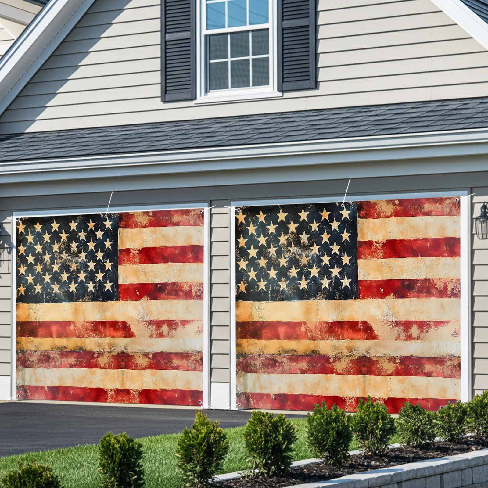 Retro American Flag Garage Door Cover Banner 7 x 8 FT, Vintage Red Strip Star US Flag Garage Door Curtains Backdrop with Grommets for Indoor Outdoor Wall Party Porch Yard Decorations Background