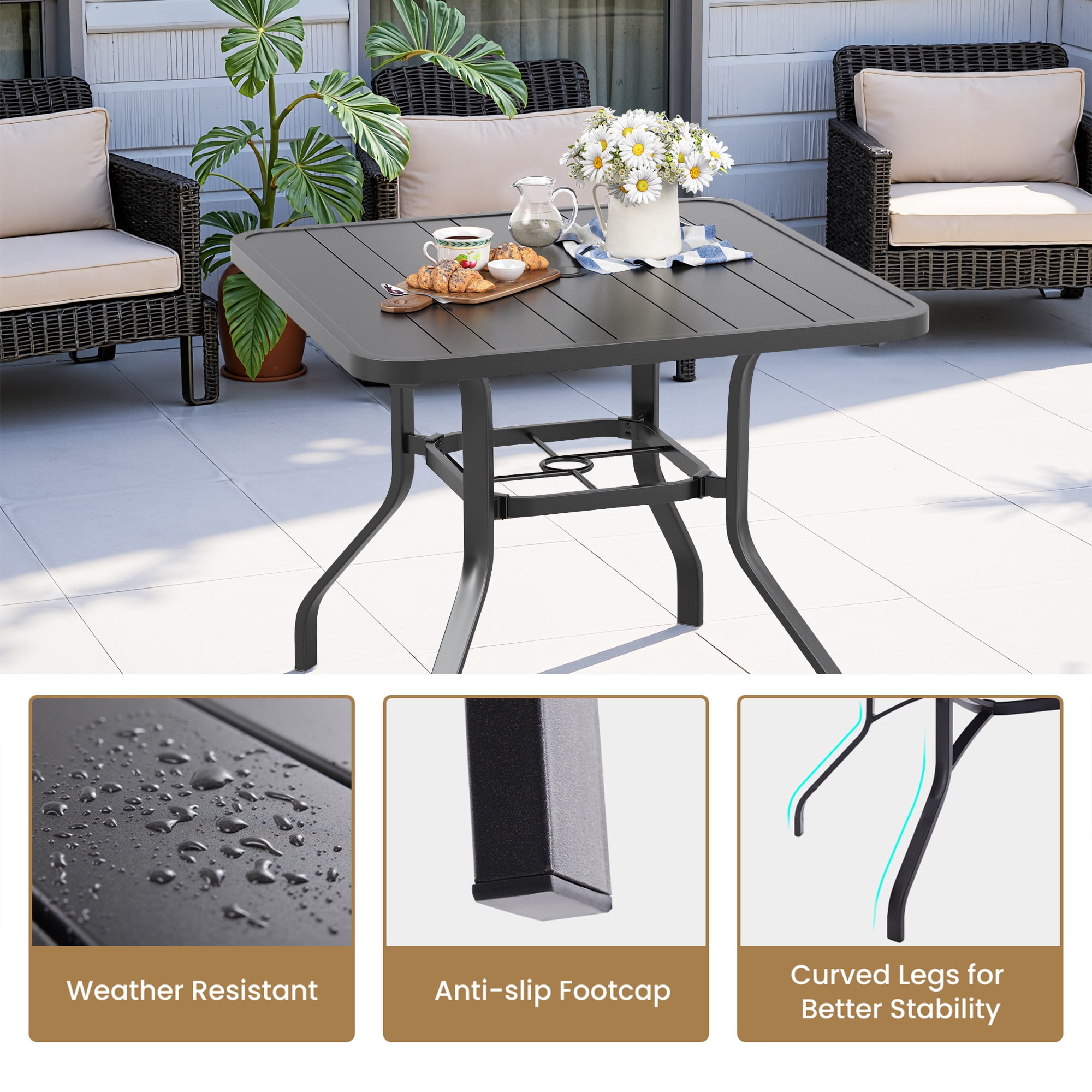 MAYEERTY 35*35"Outdoor Dining Table with 1.57" Umbrella Hole, Weather-Resistant Metal,for Patio,Backyard,Poolside
