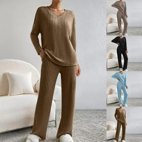 Miluxas Women Fall 2 Piece Lounge Knit Outfit Long Sleeve Tops High Waisted Wide Leg Pants Set Winter Pajama Set Khaki 2(XS)
