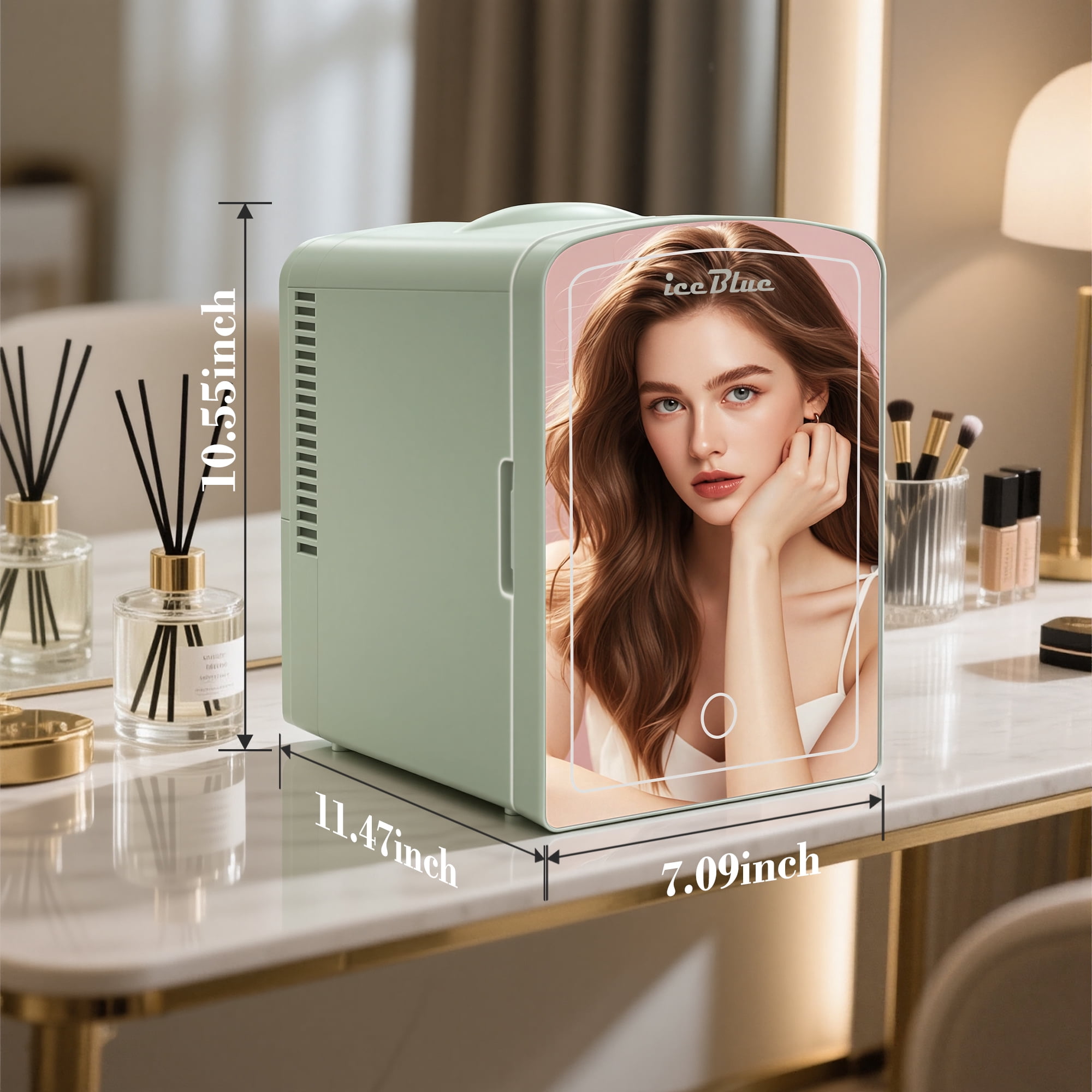 iceBlue LED Mirror Skincare Refrigerator- 6L Mini Fridge for Makeup & Drinks - Car/Home Portable Cooler