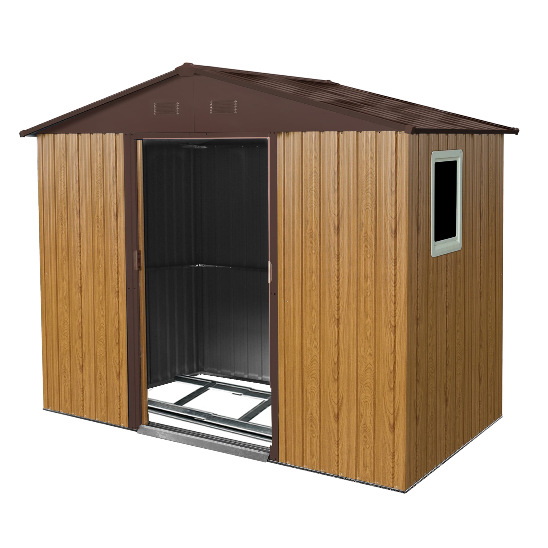 Noble House 8x4 FT Outdoor Metal Storage Shed with Window, Sloped Roof Utility Tool Organizer for Backyard & Patio, Coffee