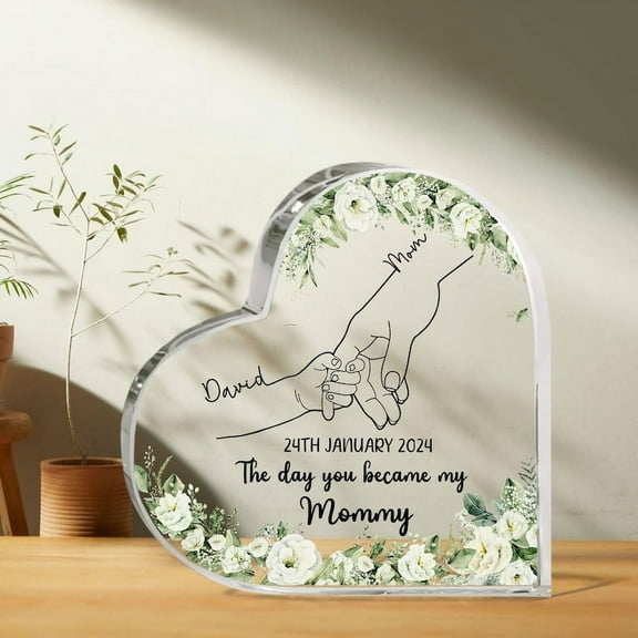 Personalized Name Baby And Mom Holding Hands Heart Acrylic Plaque, The Day You Became My Mommy, First Mother's Day Gifts, New Mom Gifts
