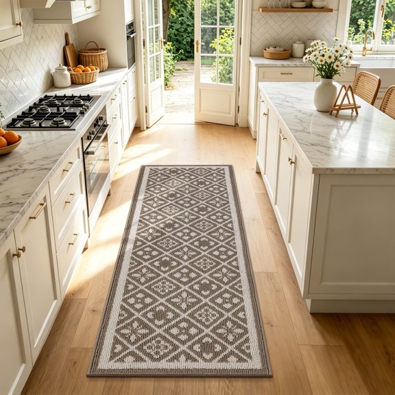 Vaukki Hallway Runner Rug 2'x6', Non Slip Low Profile Floor Runner, Heavy Duty Machine Washable Rug for Entryway Laundry Kitchen Bedroom, Brown