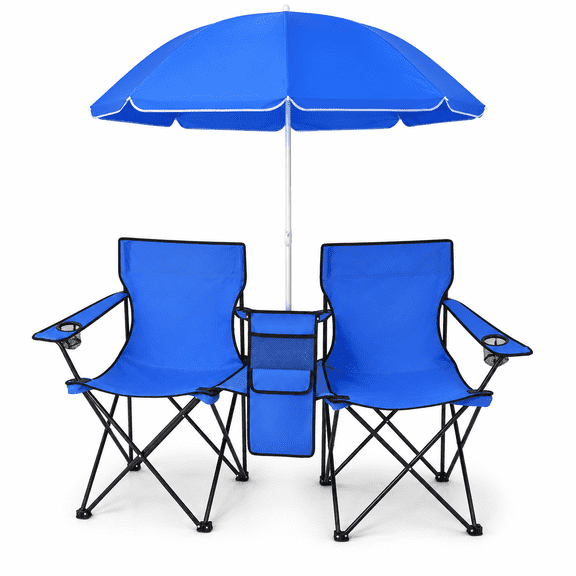 Fenbeli Double Camping Chair with Removable Sun Shade Canopy 2 Person Oxford Loveseat Folding Beach Chair with Carry Bag for Outdoor Patio Lawn, Blue