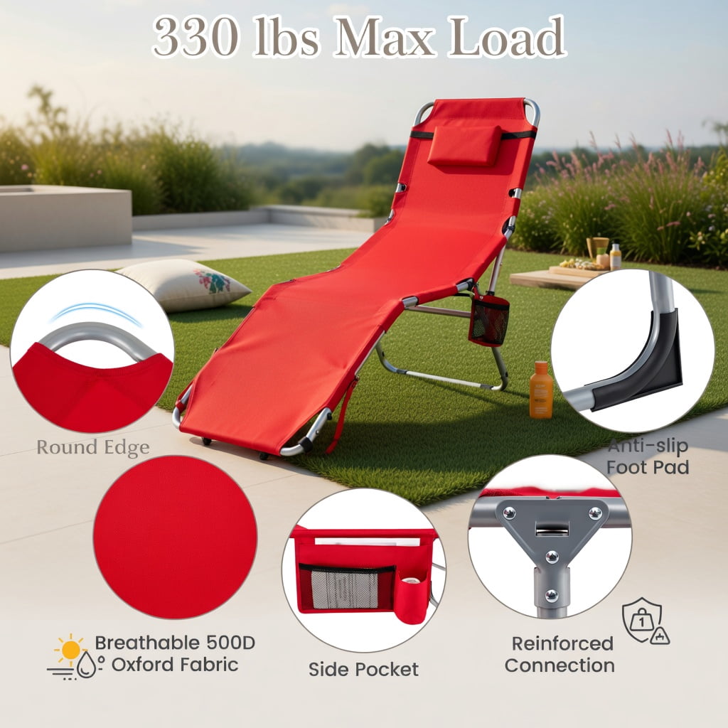 Hommoo Portable Folding Tanning Chair with Face Hole & Adjustable Backrest, UV-Resistant Oxford Fabric, Red