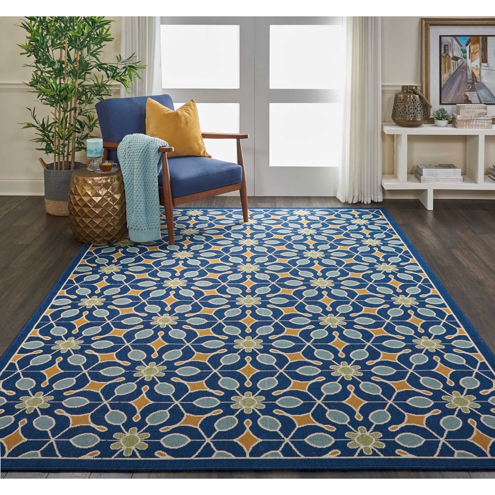 Nourison Caribbean Geometric Floral Navy Indoor/Outdoor Area Rug
