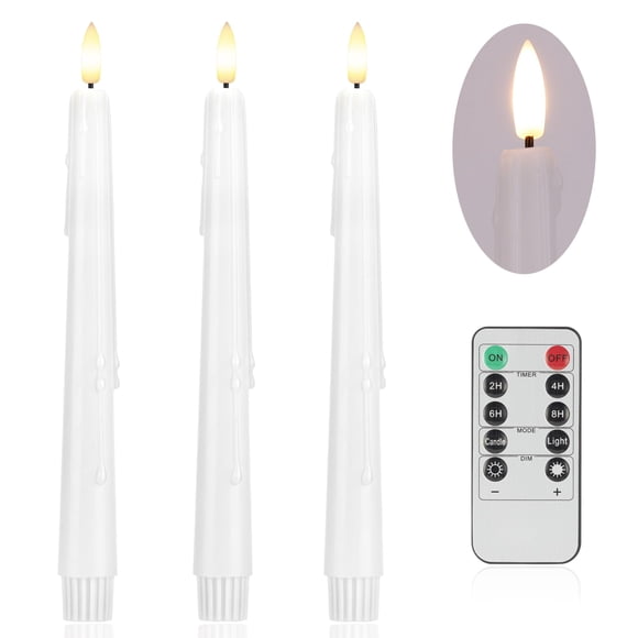 AFINETH Flameless Taper Candles with Rmote, 9.6" Dripless Battery Operated Candles, 3 Pack Real Wax Led Flickering Candlesticks wi