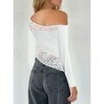 thumbnail image 4 of Women's Summer Off Shoulder Tops Sheer Lace Patchwork Long Sleeve Asymmetric Hem Slim Crop T-Shirts, 4 of 6