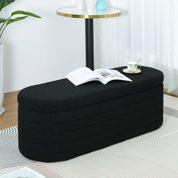 Oval Storage Bench Upholstered Ottoman End of Bed Stool 45.5" Black Teddy Velvet