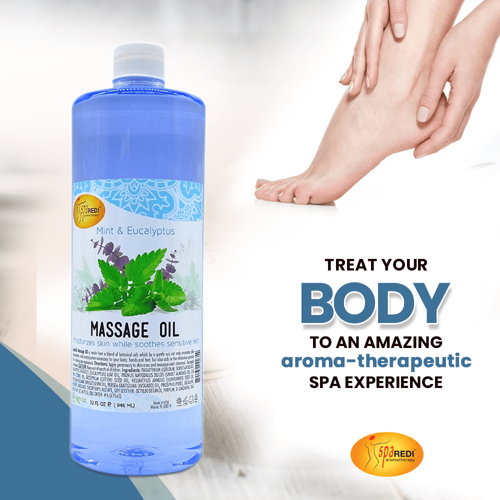 SPA REDI - Massage Oil, Mint Eucalyptus, 32 Oz - Professional Full Body Massage Therapy, Manicure, Pedicure - Relax Sore Muscles and Repair Dry Skin, Enhanced with High Absorption Oils and Vitamin E