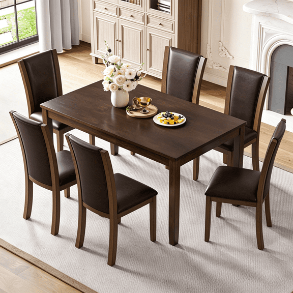 Modern 7 Piece Dining Table Set with 6 Upholstered Chairs, Wooden Rectangular Dining Table Set for 6 with Chairs, for Dining Room, Kitchen, Restaurant, Walnut