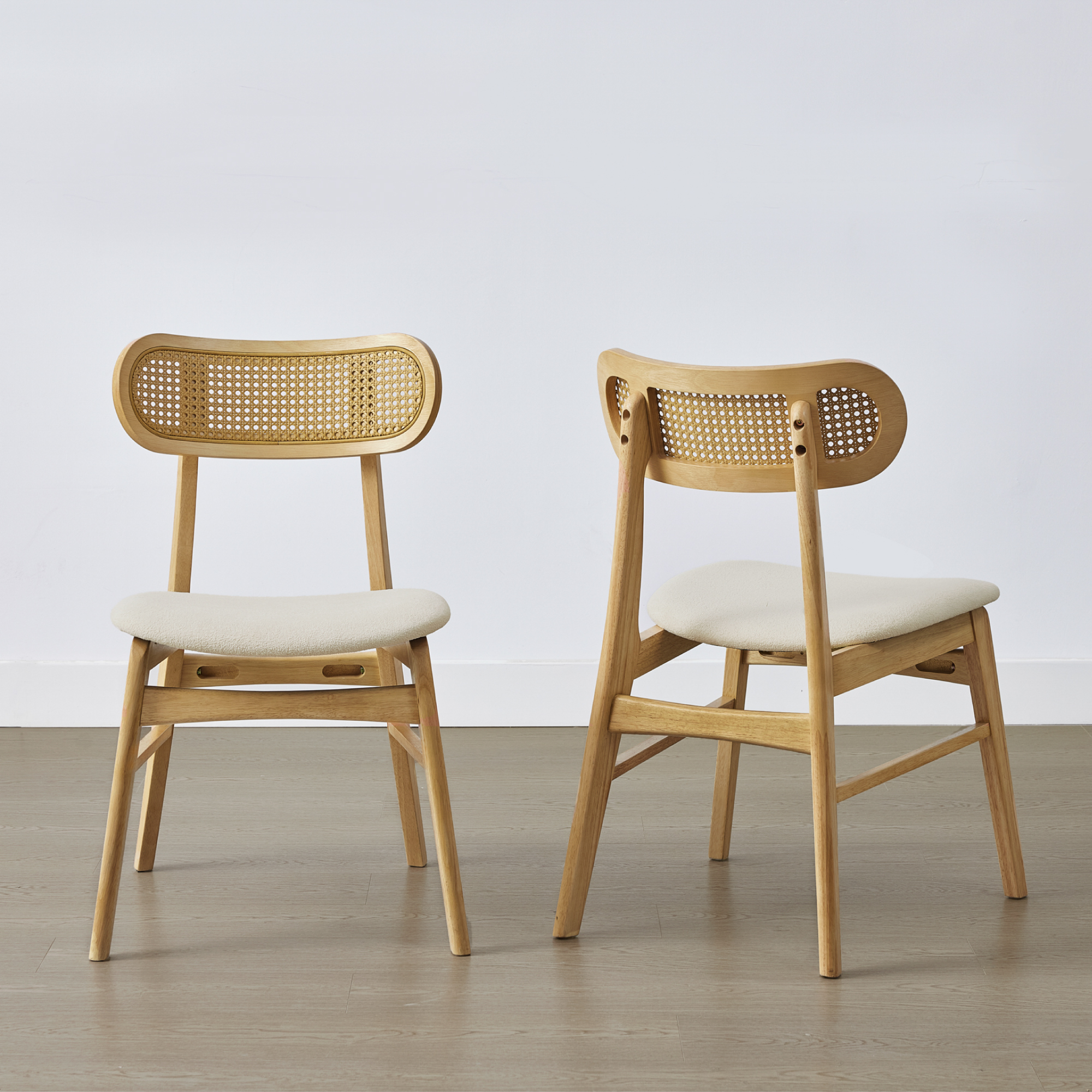Spruce & Spring Rattan-Back Upholstered Dining Chair with Wooden Frame Set of 2, Natural