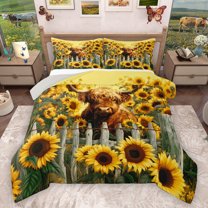 Homewish Farmhouse Brown Cow Bedding Comforter Set for Teen, Rustic Yellow Sunflower Twin Comforter Sets, Animal Reversible Bedding Set, Super Cozy Room Decor, 2-Piece