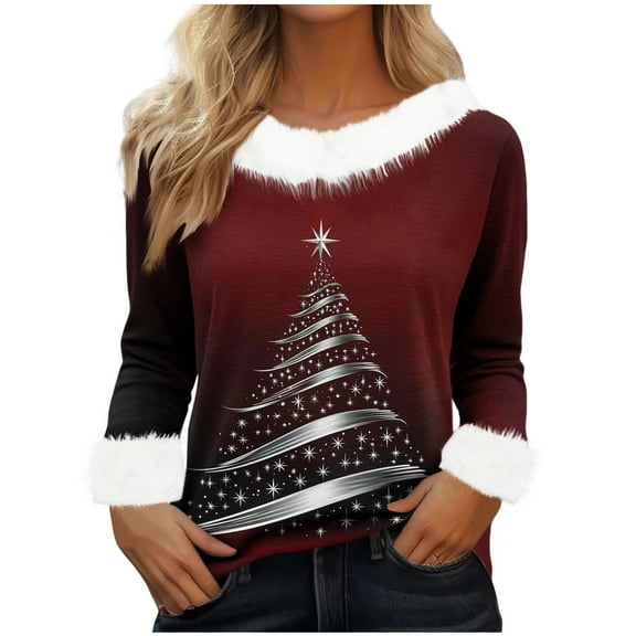 asdoklhq Flannel Shirt Women Winter Christmas Printed Fashionable Casual Long Sleeved Round Neck Pullover Top Wine L
