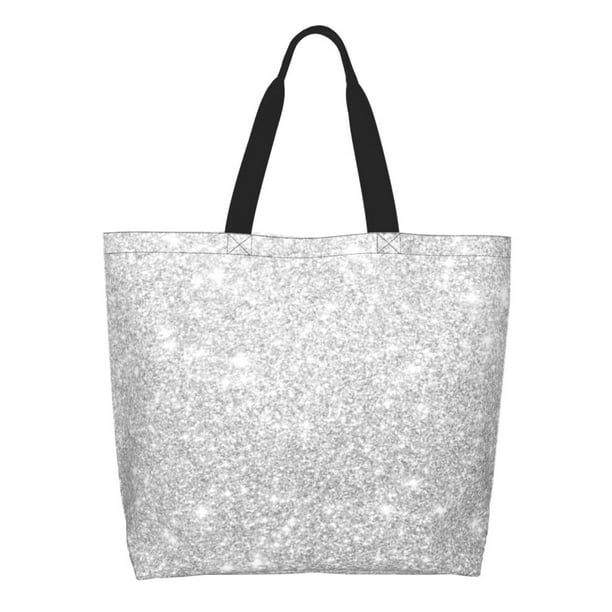 Balery Silver Glitter Bolsa Tote Estilo Estético con Cremalleras, Bolsa de Hombro, Bolsa de Compras Grande y Plegable