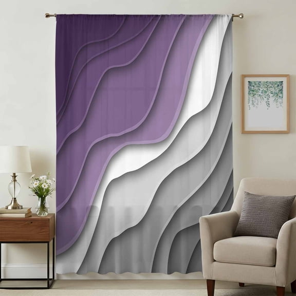 Purple Grey Ombre Sheer Curtains 45 Inches Long, Modern Geometric Abstract Aesthetics Cream Light Filering Curtains, Breathable Simi Curtain Privacy Drapes for Kitchen Bathroom Small Window Treatment