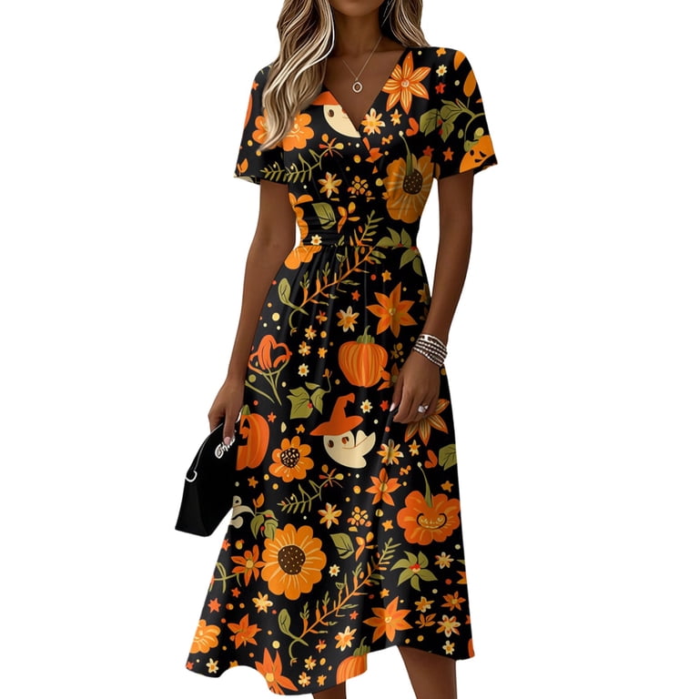 cute dresses for halloween Women Spider V Neck Ghost Fall Wedding Guest Dress Pumpkin Short Sleeve Wrap Dresses L this dress is the Color:Bronze Name_Cosa Ideas SHEIN Tall Minimalist Backless